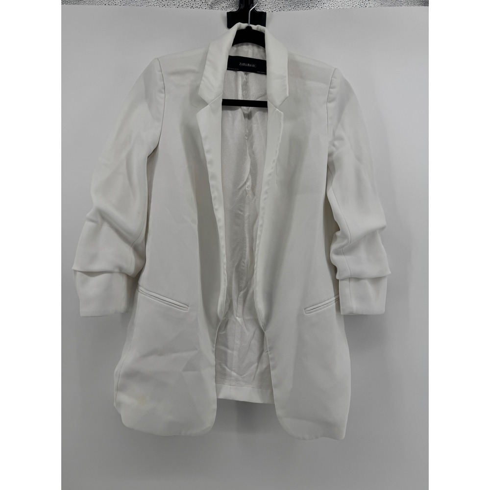 Zara Basic Womens White Ruched 3/4 Sleeve Open Front Blazer Jacket Size XS